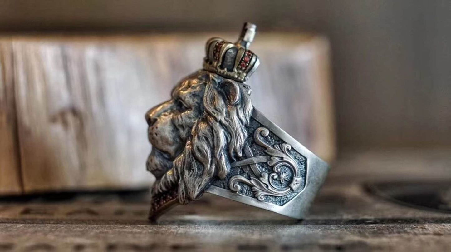 Crown Lion Ring S925 Solid Sterling Silver Men Ring Majestic Lion Ring Animal Head Cat Ring Zodiac Gift Lebron James NBA Fans Jewelry