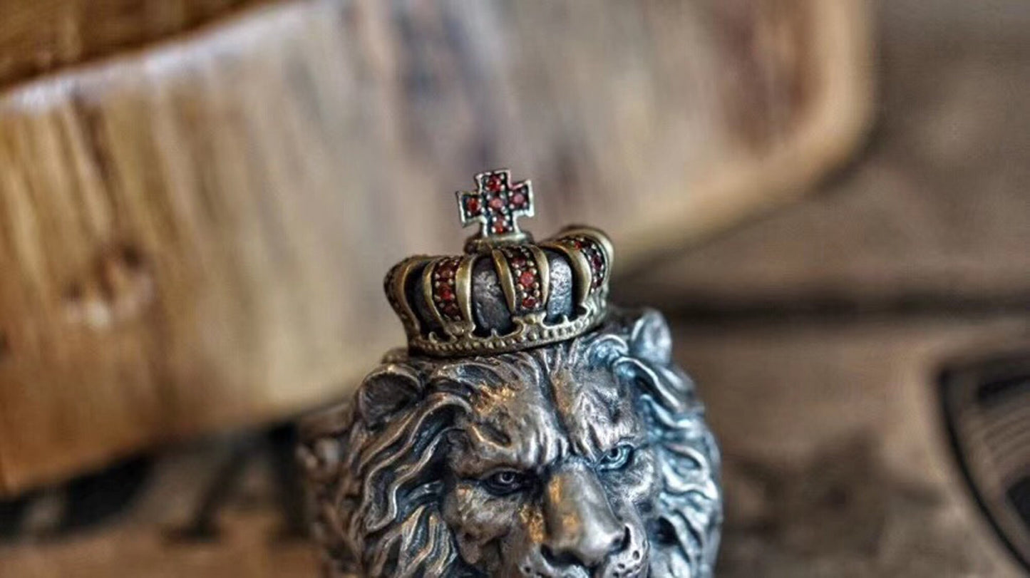 Crown Lion Ring S925 Solid Sterling Silver Men Ring Majestic Lion Ring Animal Head Cat Ring Zodiac Gift Lebron James NBA Fans Jewelry
