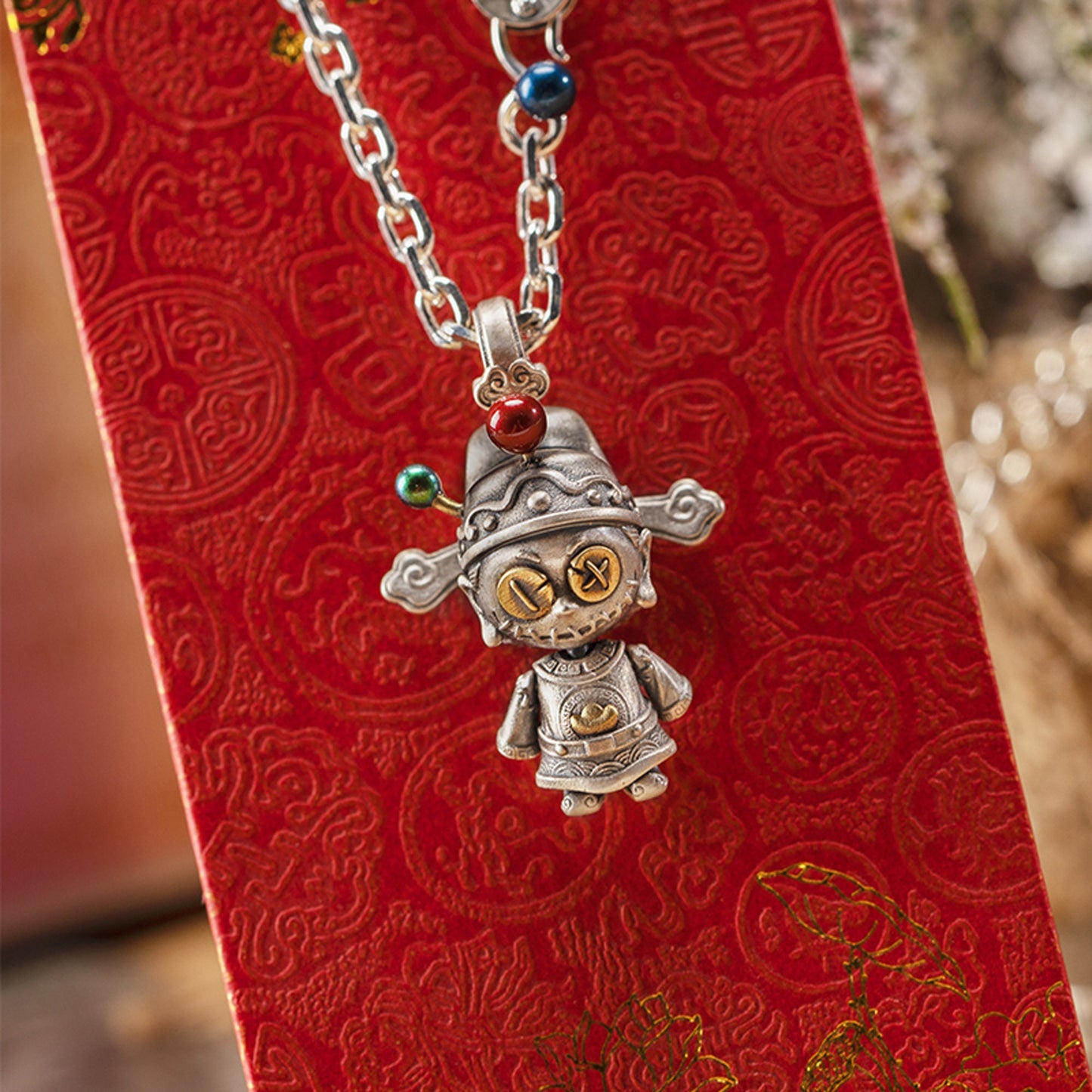 God of wealth doll with movable joints necklace for girl or boy Handmade S925 Solid Sterling Silver Swarovski pearl women Jewelry Voodoo