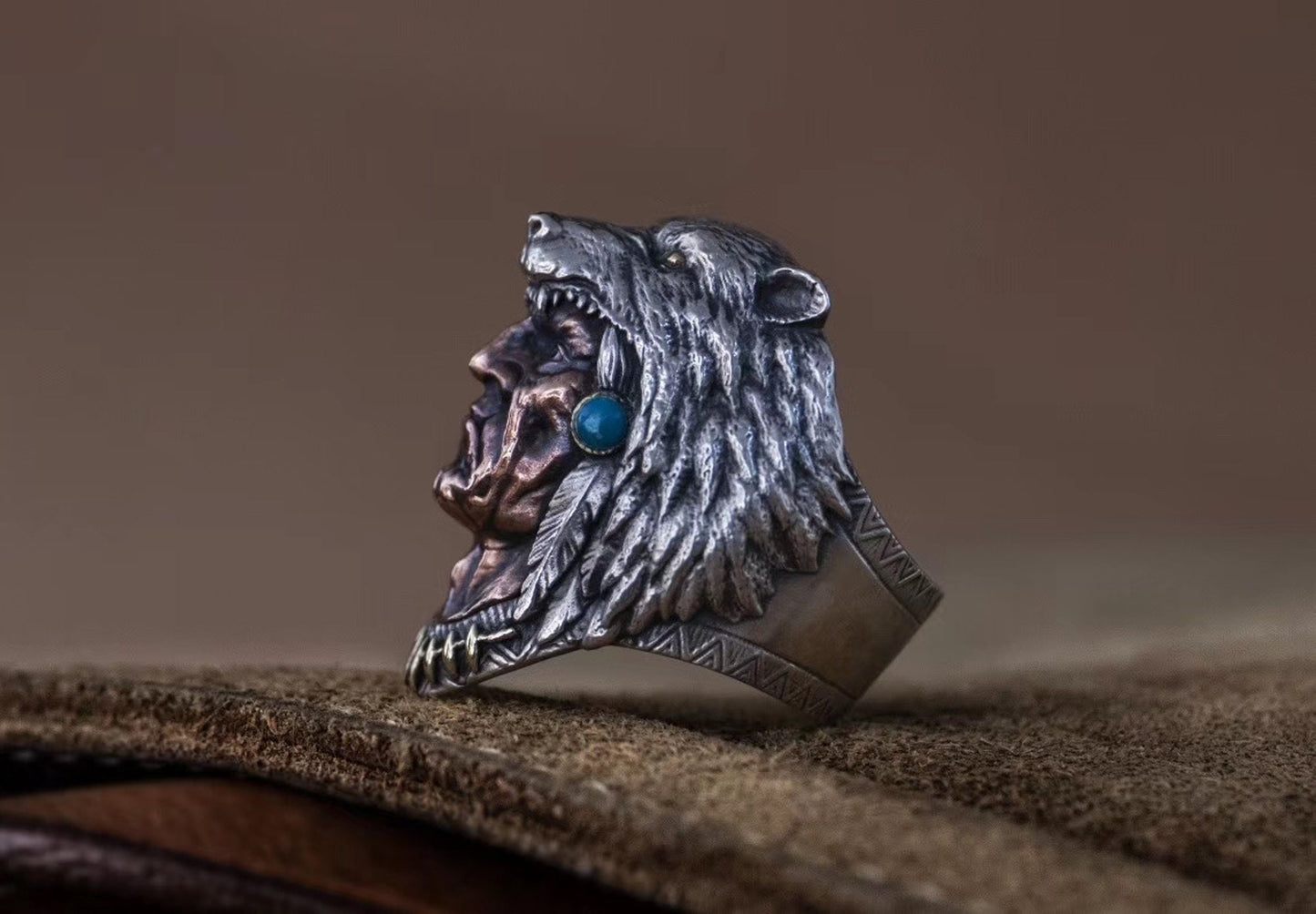 Native American Ring 925 Sterling Silver with calaite Red Indian Warrior Ring Wild West jewelry Tribal ring Indian chief jewelry Men Ring