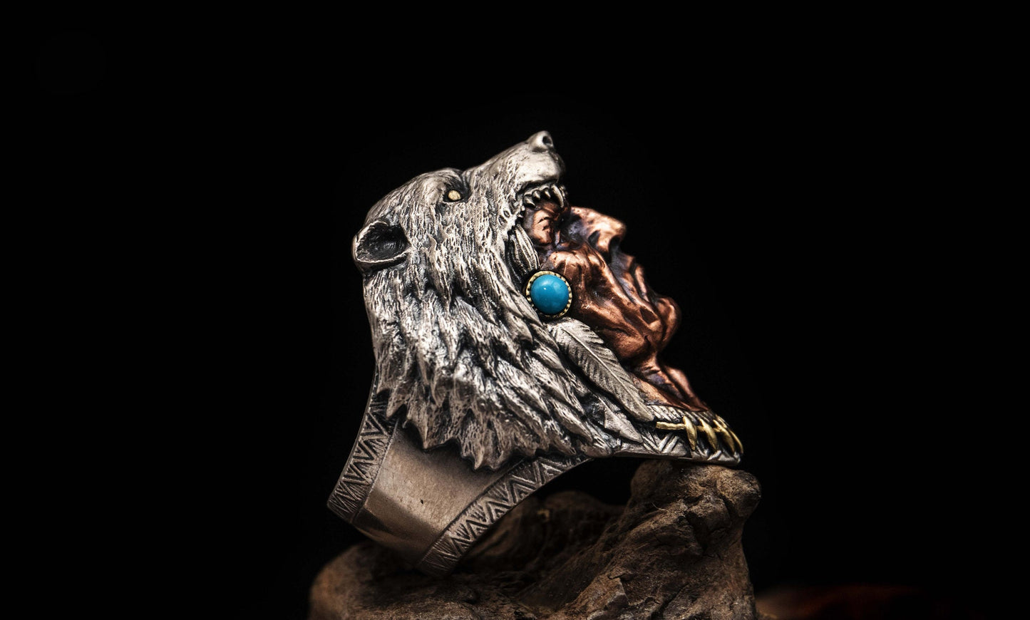 Native American Ring 925 Sterling Silver with calaite Red Indian Warrior Ring Wild West jewelry Tribal ring Indian chief jewelry Men Ring