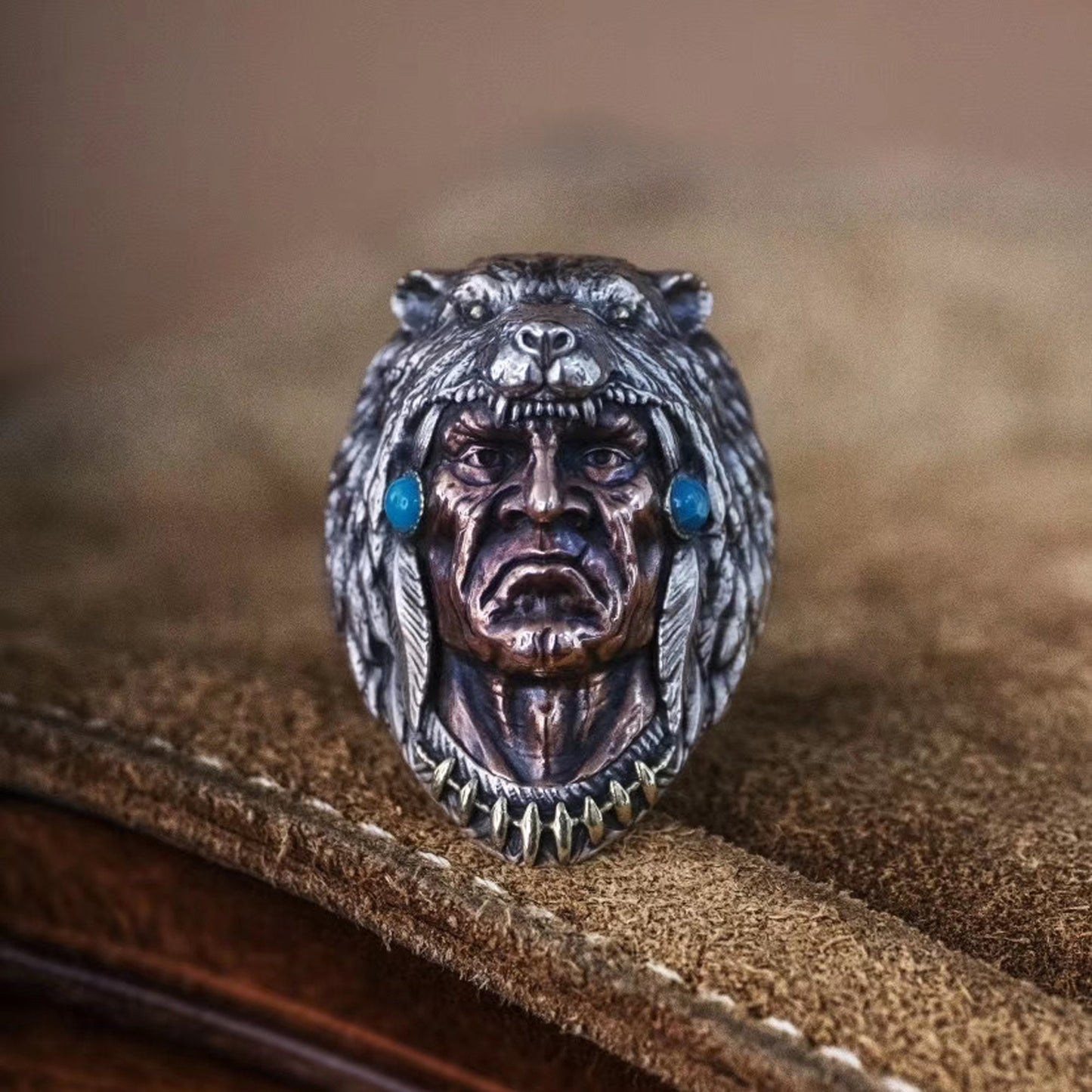 Native American Ring 925 Sterling Silver with calaite Red Indian Warrior Ring Wild West jewelry Tribal ring Indian chief jewelry Men Ring