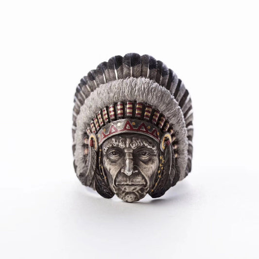 Native American Ring 925 Sterling Silver with 24K gold inlay Indian Chief Ring Wild West jewelry Tribal ring Indian chief jewelry Men Ring