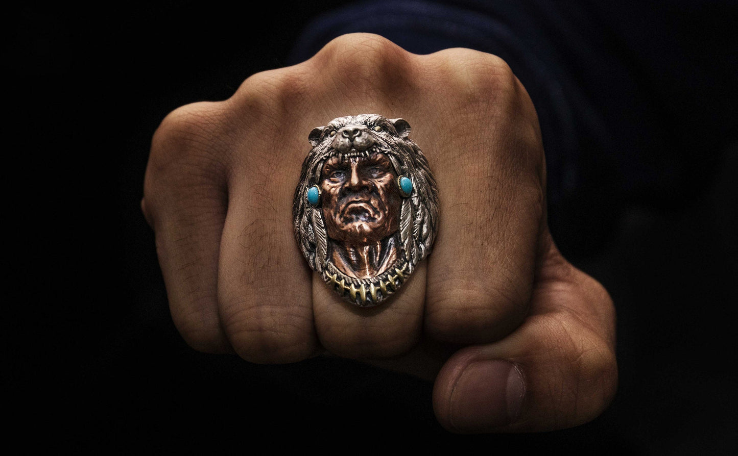 Native American Ring 925 Sterling Silver with calaite Red Indian Warrior Ring Wild West jewelry Tribal ring Indian chief jewelry Men Ring
