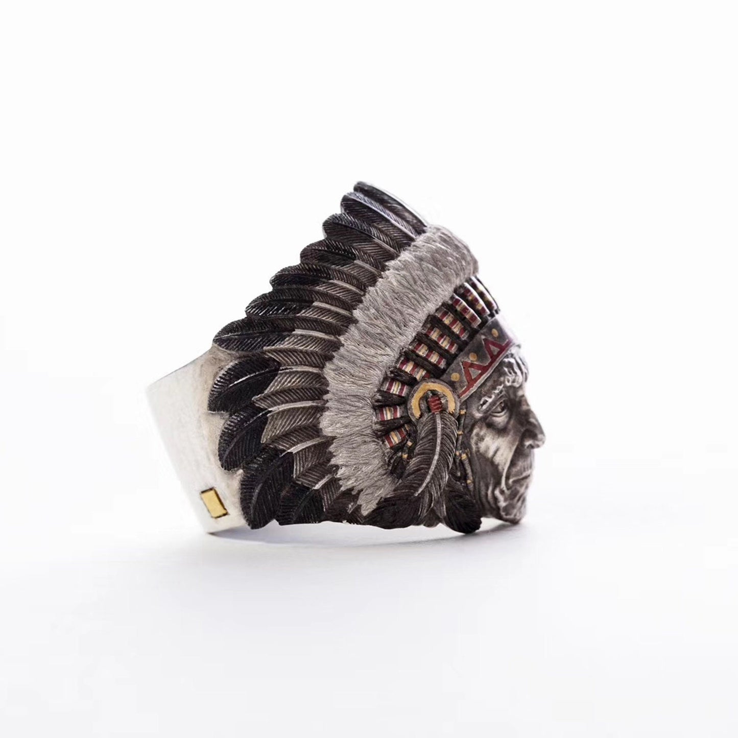 Native American Ring 925 Sterling Silver with 24K gold inlay Indian Chief Ring Wild West jewelry Tribal ring Indian chief jewelry Men Ring