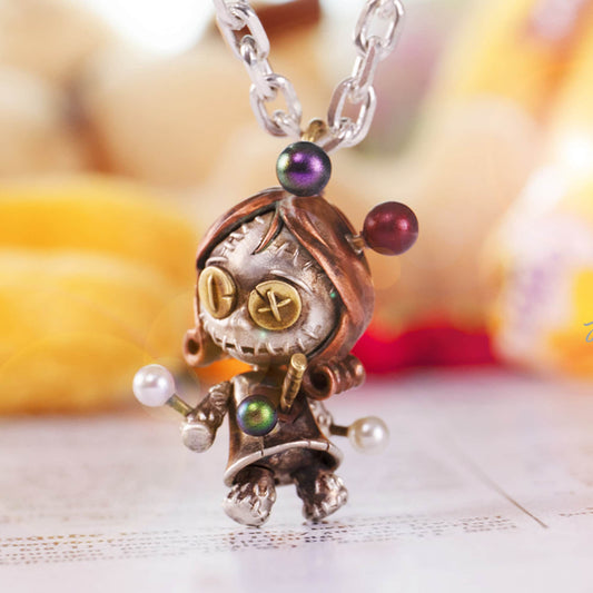 Voodoo doll with movable joints necklace for girl or boy Handmade S925 Solid Sterling Silver Swarovski pearl wedding gift women Jewelry