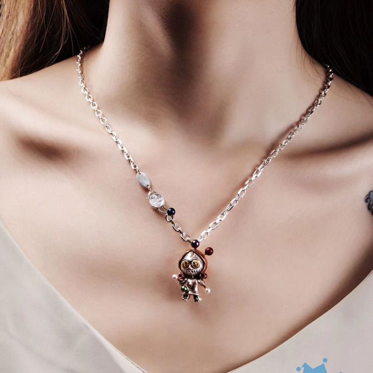 Voodoo doll with movable joints necklace for girl or boy Handmade S925 Solid Sterling Silver Swarovski pearl wedding gift women Jewelry