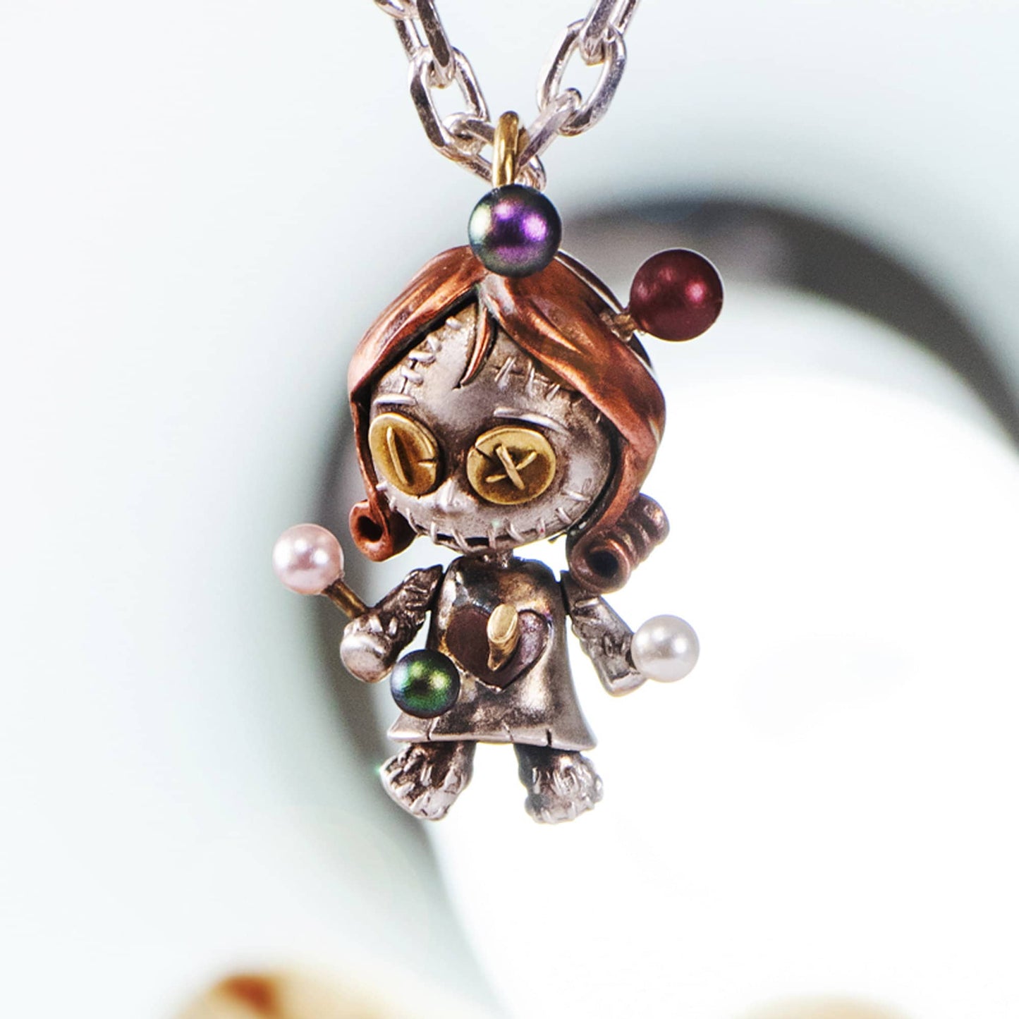 Voodoo doll with movable joints necklace for girl or boy Handmade S925 Solid Sterling Silver Swarovski pearl wedding gift women Jewelry