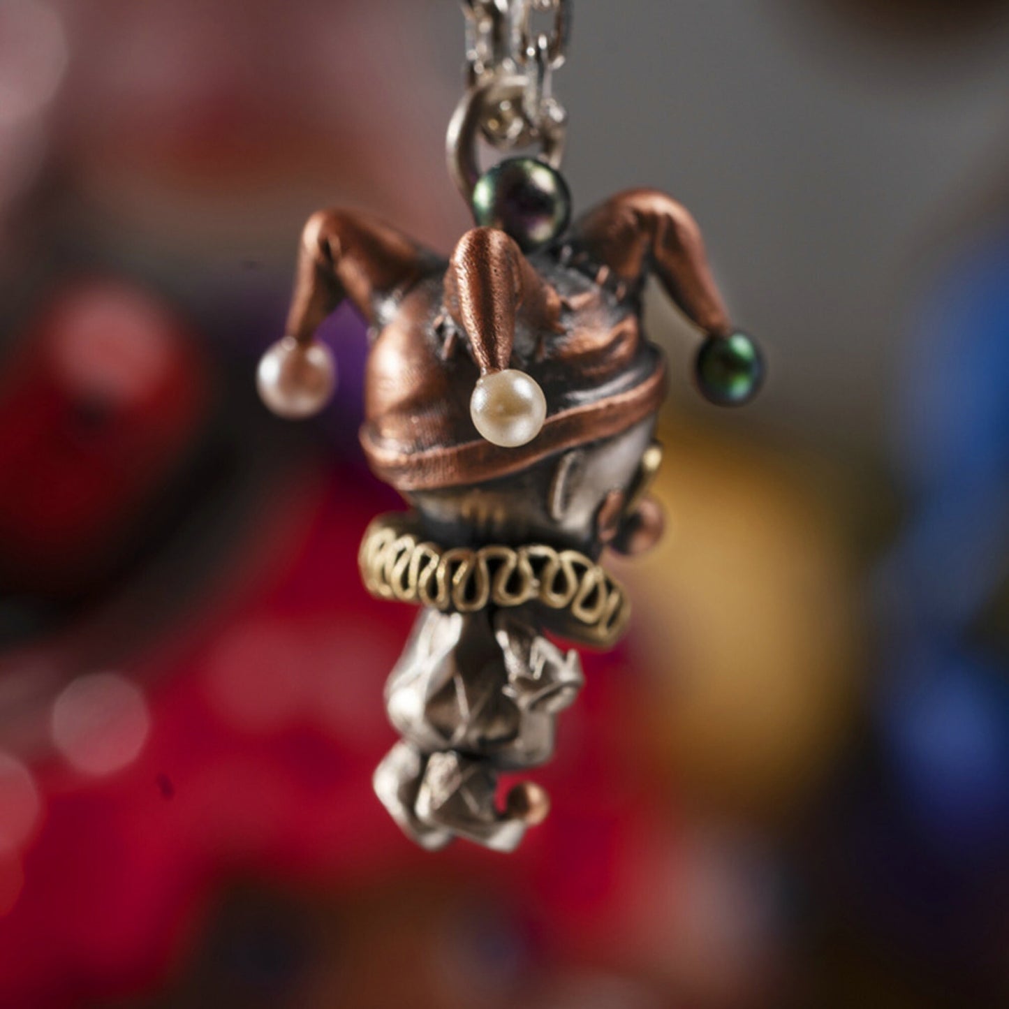 Joker clown doll with movable joints necklace for girl or boy Handmade S925 Solid Sterling Silver Swarovski pearl wedding gift women Jewelry