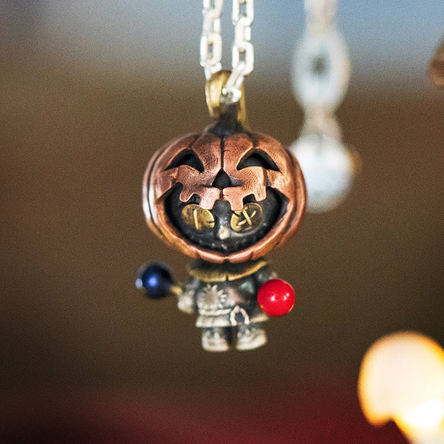 Pumpkin Voodoo style doll with movable joints necklace for girl or boy Handmade S925 Solid Sterling Silver Swarovski pearl women Jewelry