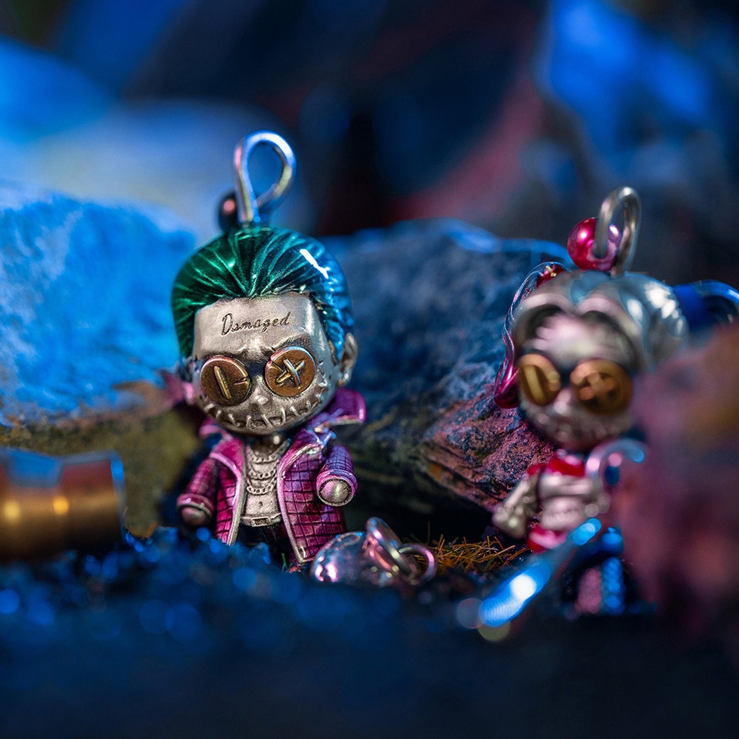 Suicide Squad Harley Quinn & Joker necklace with movable joints Handmade S925 Solid Sterling Silver Swarovski pearl wedding gift Jewelry