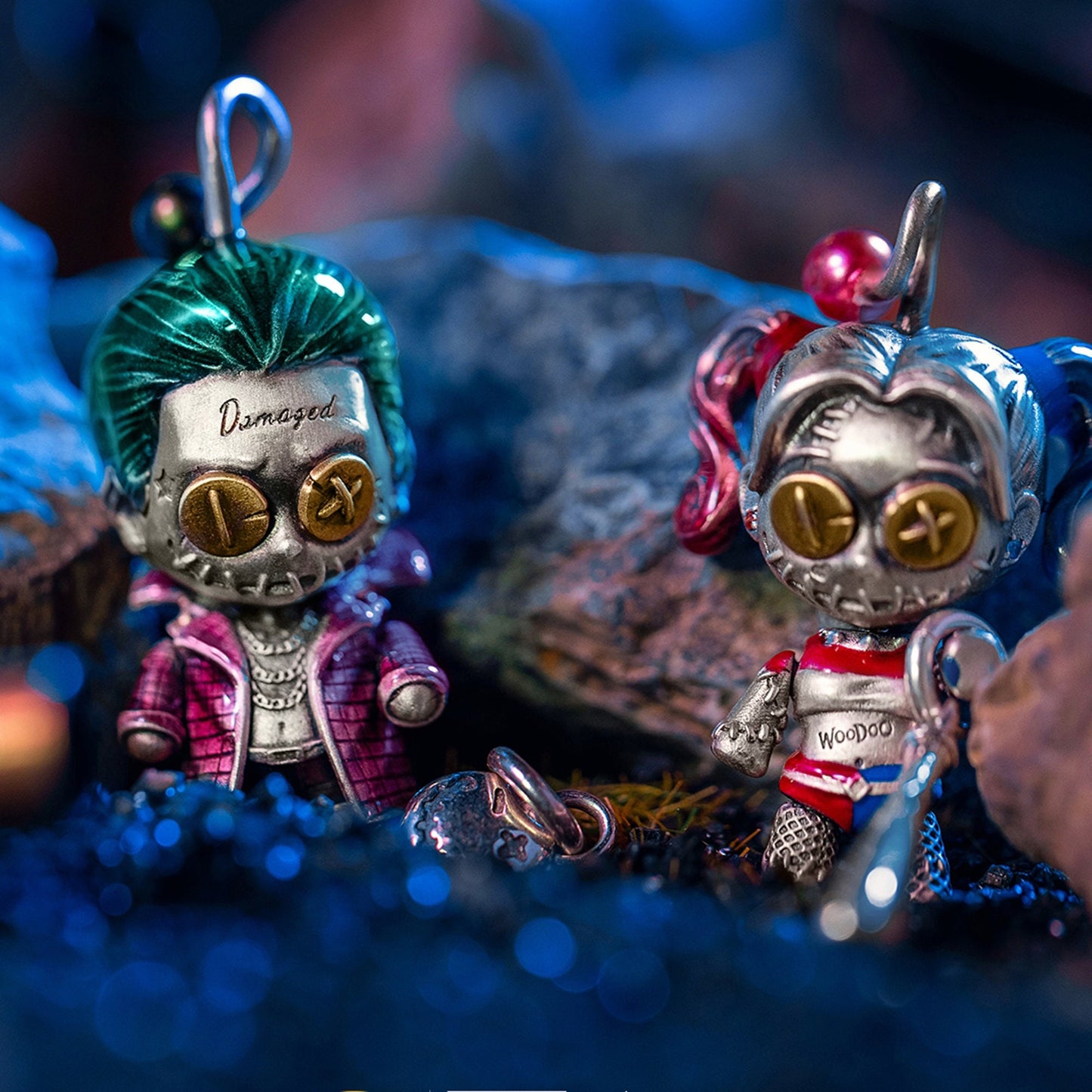 Suicide Squad Harley Quinn & Joker necklace with movable joints Handmade S925 Solid Sterling Silver Swarovski pearl wedding gift Jewelry