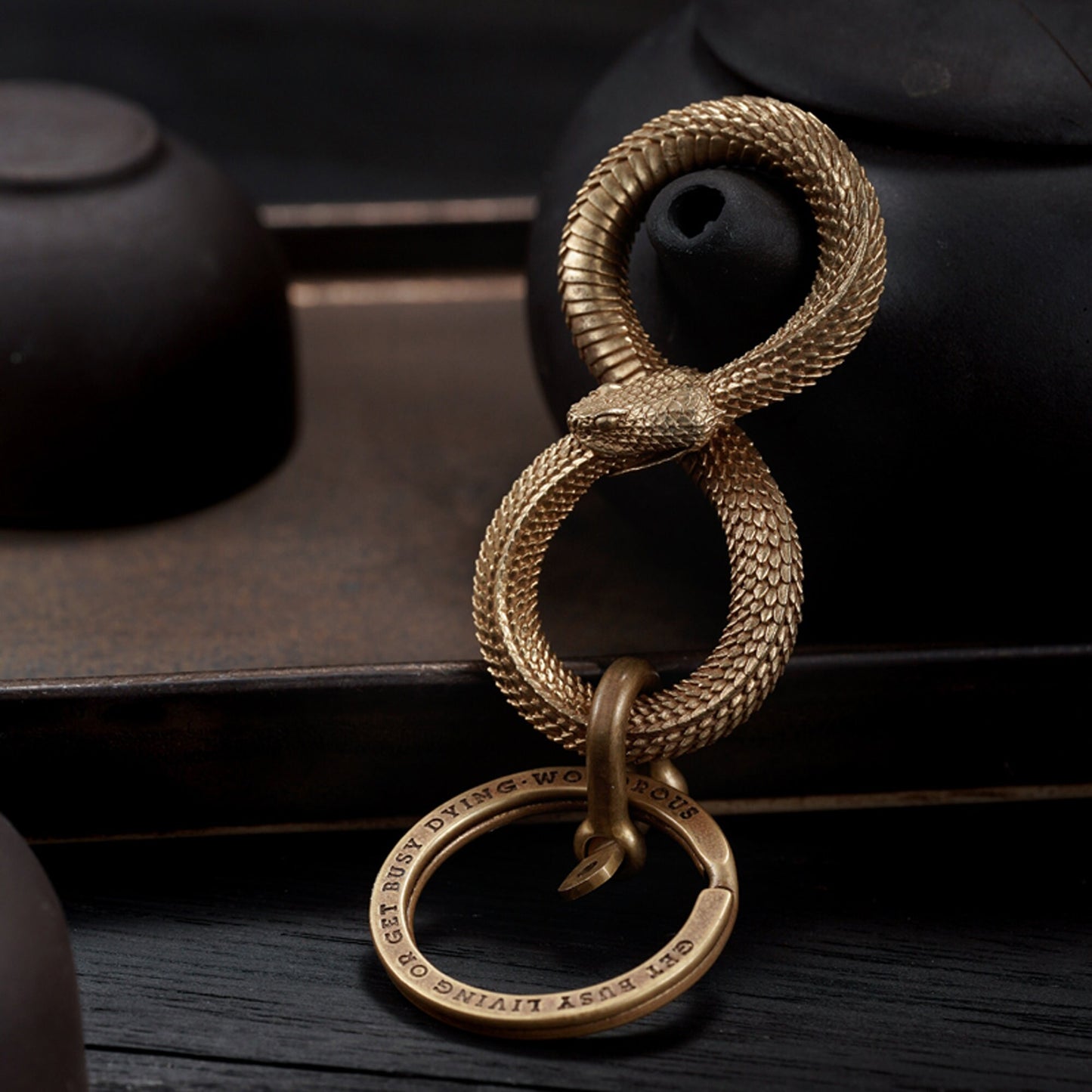 Infinity Snake key ring Rattlesnake  key chain Ouroboros Solid Brass Key ring EDC charm Gothic and punk accessory Father gift, man gift