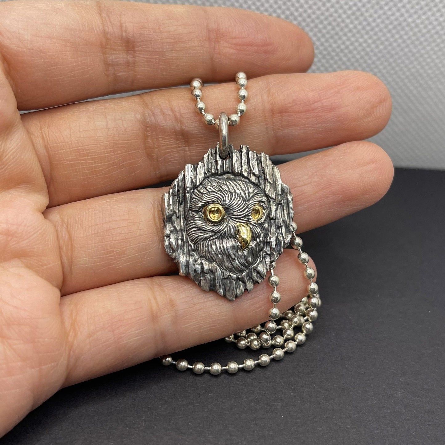 Silver Gold Owl Pedant necklace for girl or boy Handmade S925 Solid Sterling Silver 24K gold inlay  wedding gift women Jewelry