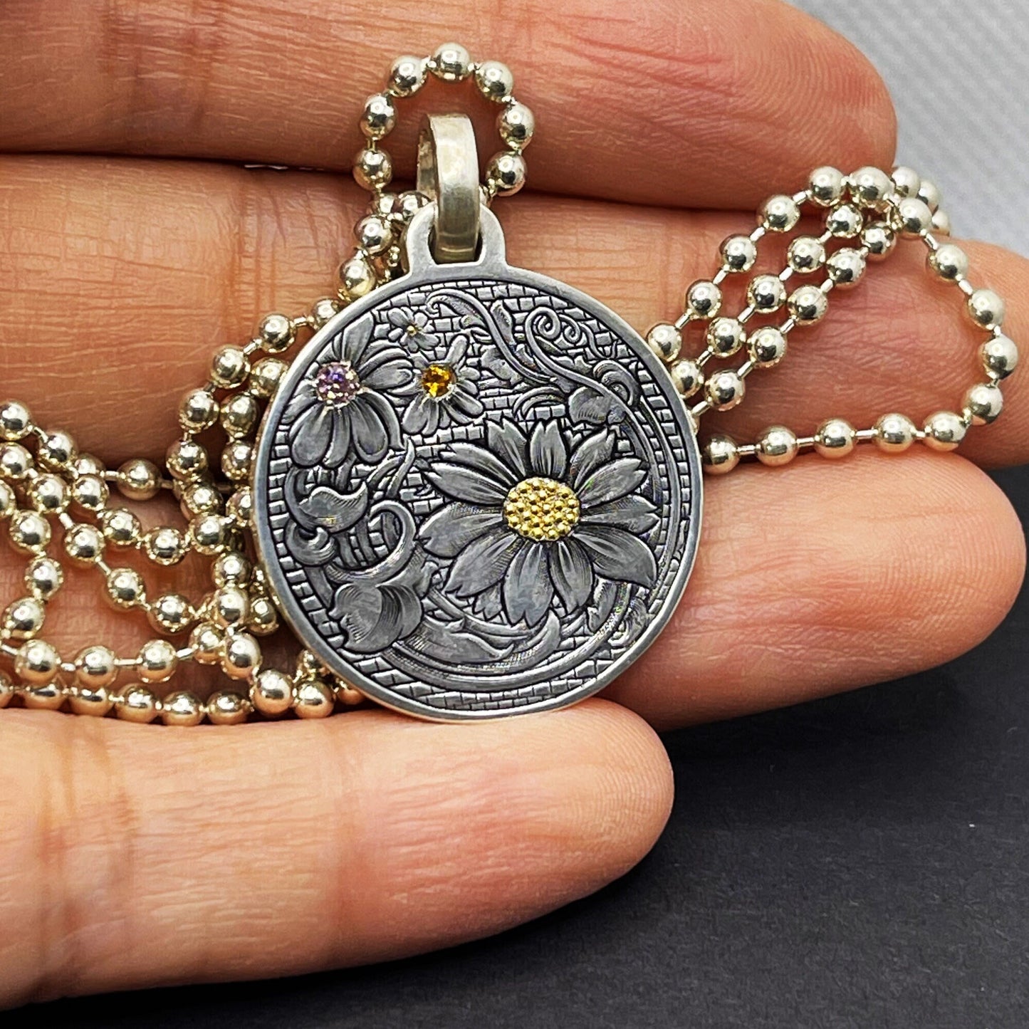 Silver Flower Wall Pedant necklace for girl or boy Handmade S925 Solid Sterling Silver 24K gold inlay  wedding gift women Jewelry
