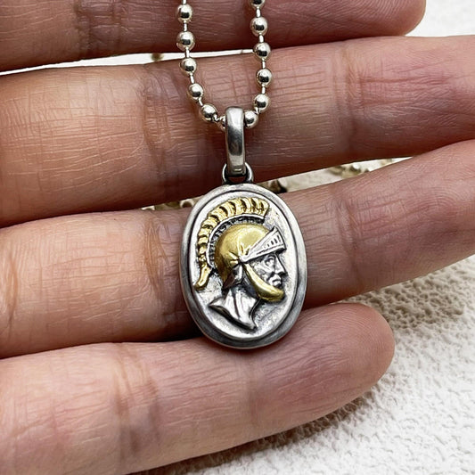 Silver Spartan Pedant necklace for girl or boy Handmade S925 Solid Sterling Silver 24K gold inlay  wedding gift women Jewelry