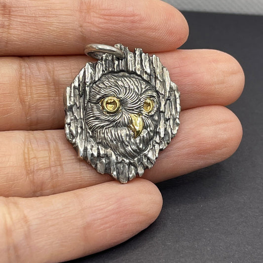 Silver Gold Owl Pedant necklace for girl or boy Handmade S925 Solid Sterling Silver 24K gold inlay  wedding gift women Jewelry
