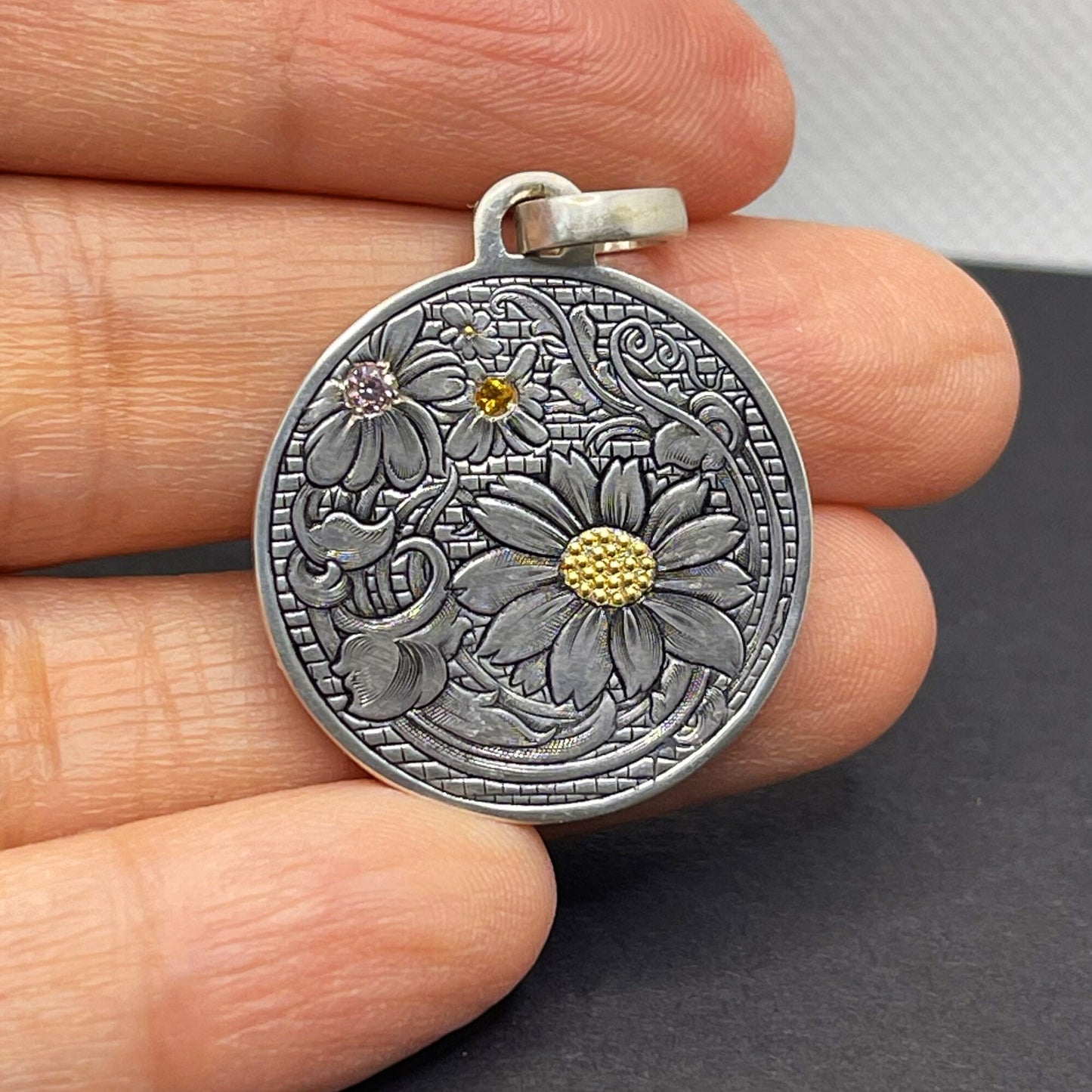 Silver Flower Wall Pedant necklace for girl or boy Handmade S925 Solid Sterling Silver 24K gold inlay  wedding gift women Jewelry