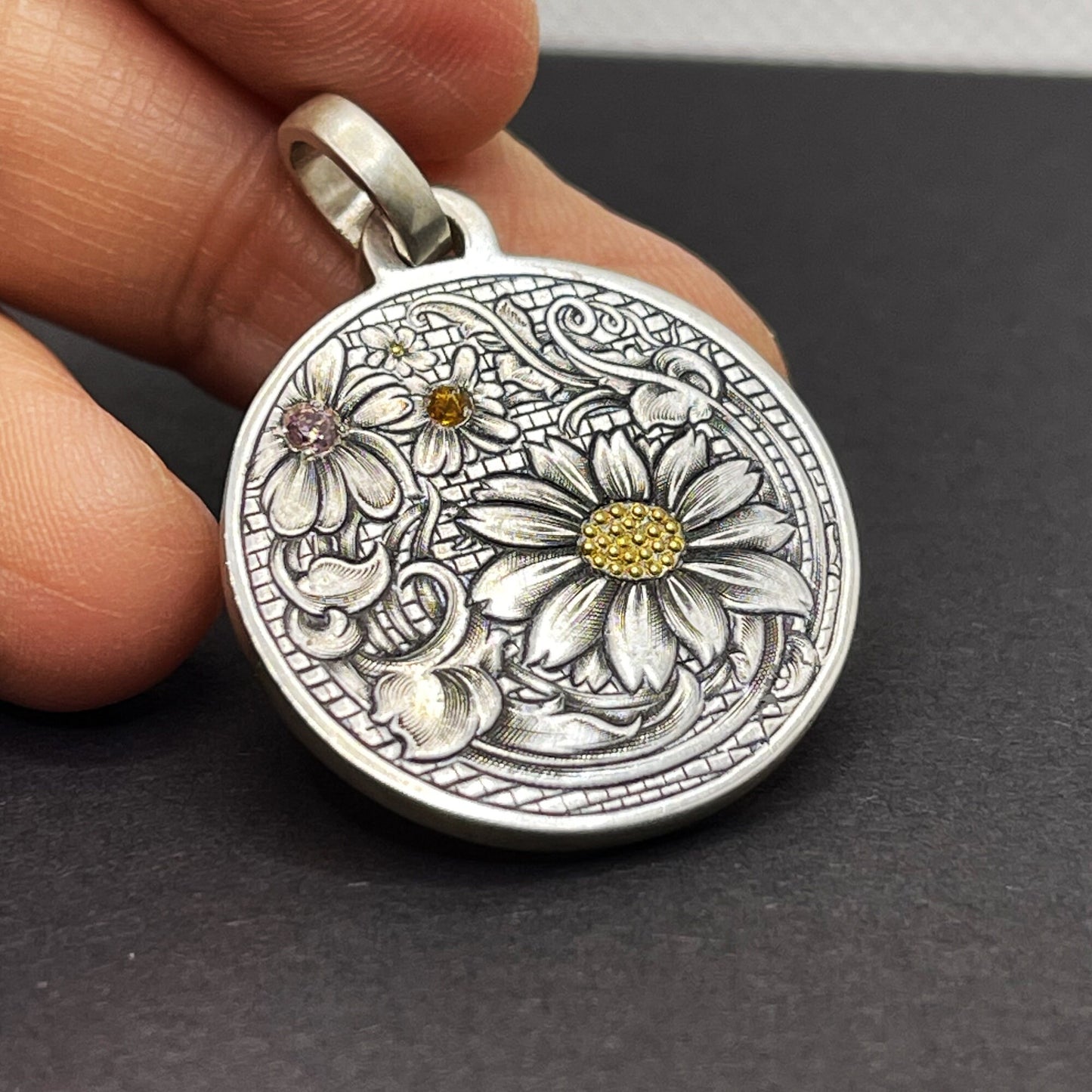 Silver Flower Wall Pedant necklace for girl or boy Handmade S925 Solid Sterling Silver 24K gold inlay  wedding gift women Jewelry