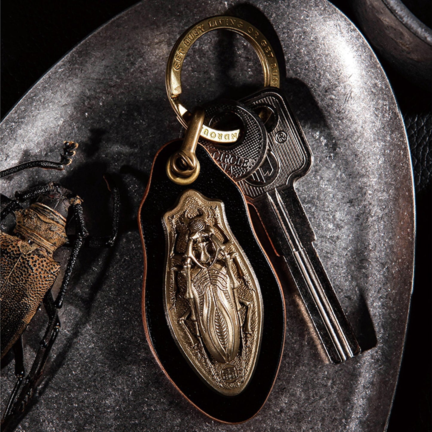 Long-horned Beetle Leather key chain Solid Brass Key ring EDC charm beetle lover Gothic and punk accessory Father gift, man gift